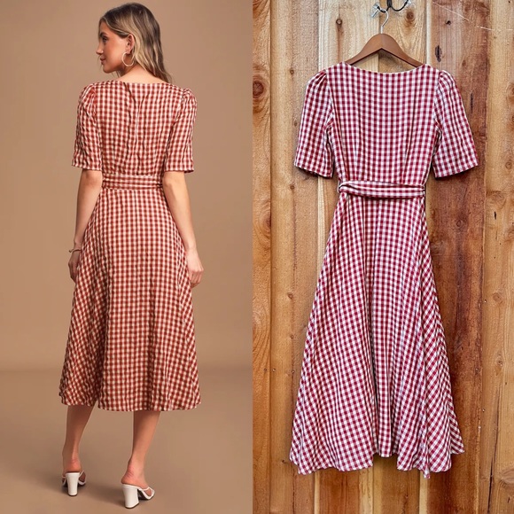 Red Gingham Plaid Button-Up Short-sleeve Midi Dress 🌿 - Picture 5 of 12